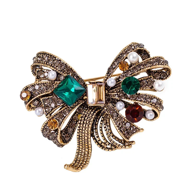 Baroque Court Style Bow Brooch Retro Rhinestone Emerald Glass Gemstone Badge Men's And Women's Suit Dress Safety Pin Accessories